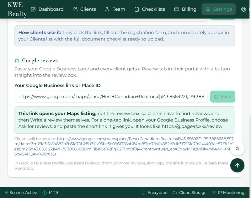 Settings, Share with Clients: the personal link and the Google Business link.