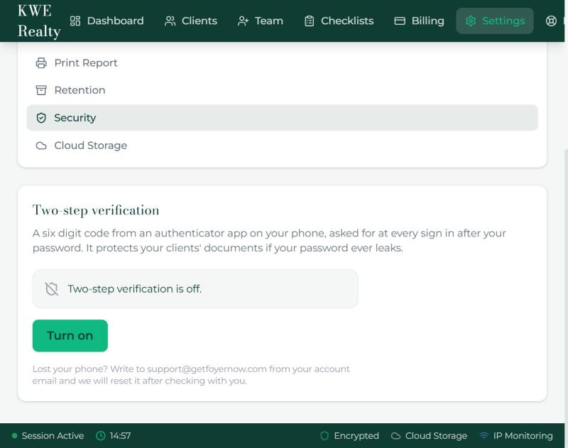 Settings, Security: two-step verification and its Turn on button.