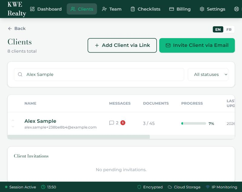 The Clients page with the search box, the status filter and the three ways to add a client.