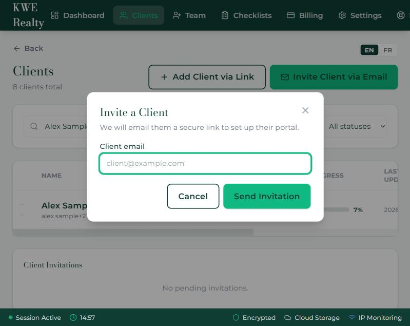 The Invite a Client box: the email and Send Invitation.