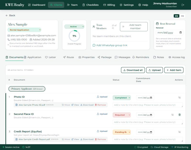 The Documents tab: sections per applicant, the status column and the buttons at the top right.