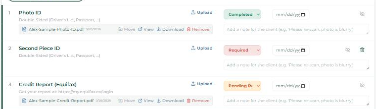 Your agent’s view of three rows: Completed, Required and Pending Review.