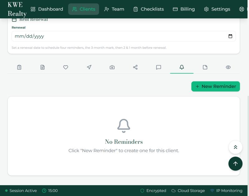 The Reminders tab with an upcoming reminder and the renewal reminders.