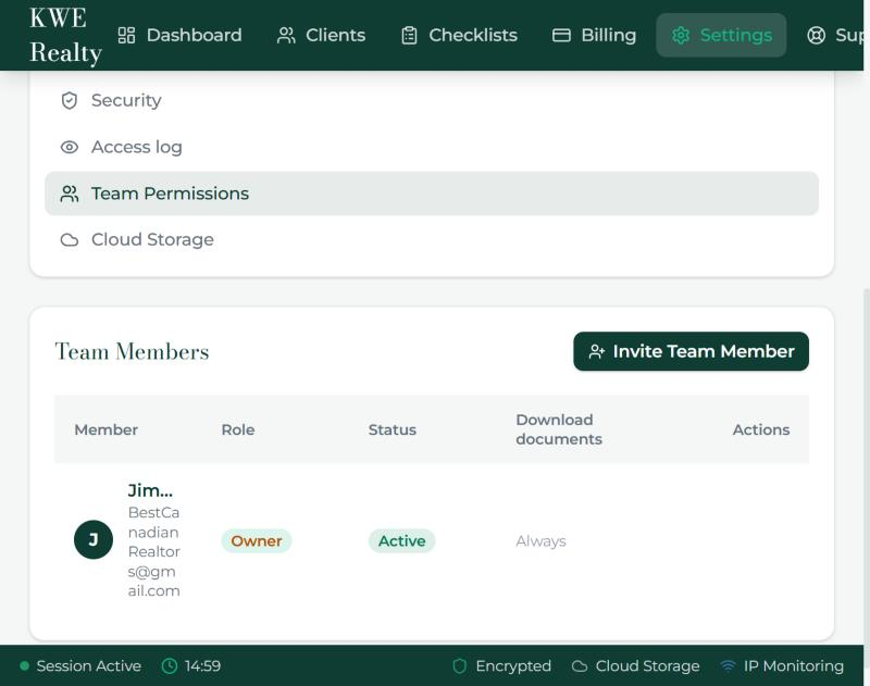 Settings, Team Permissions: the members, the Download documents switch on each, and Invite Team Member.