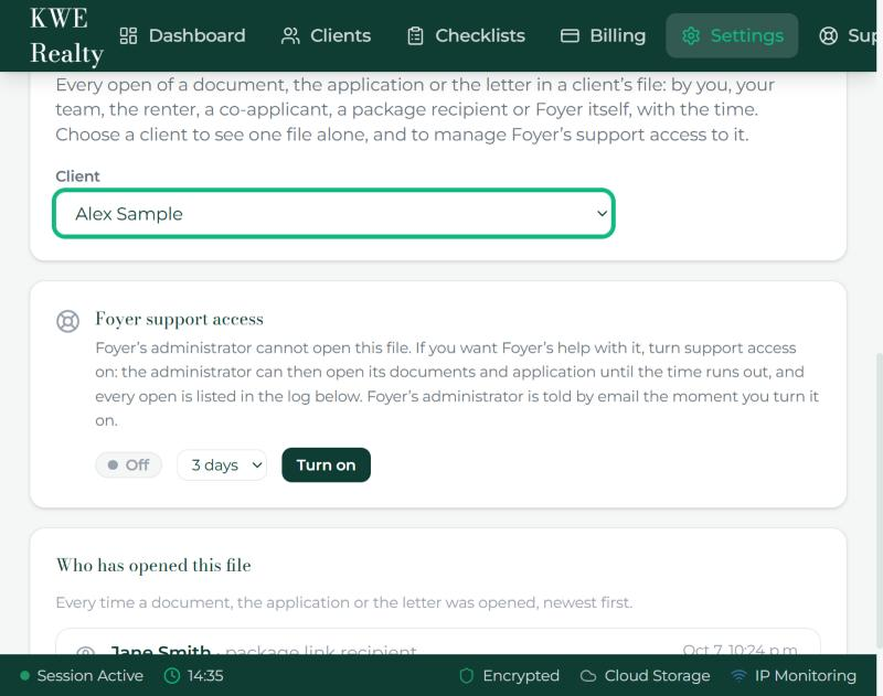 Your agent’s Access log in Settings, with the support access card.