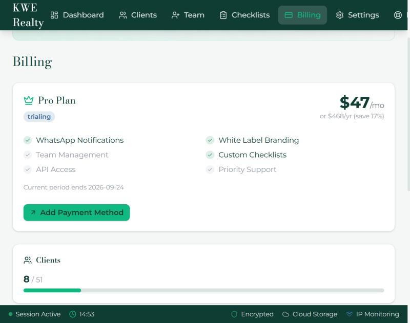 The Billing page with the plan, usage and Manage Billing.