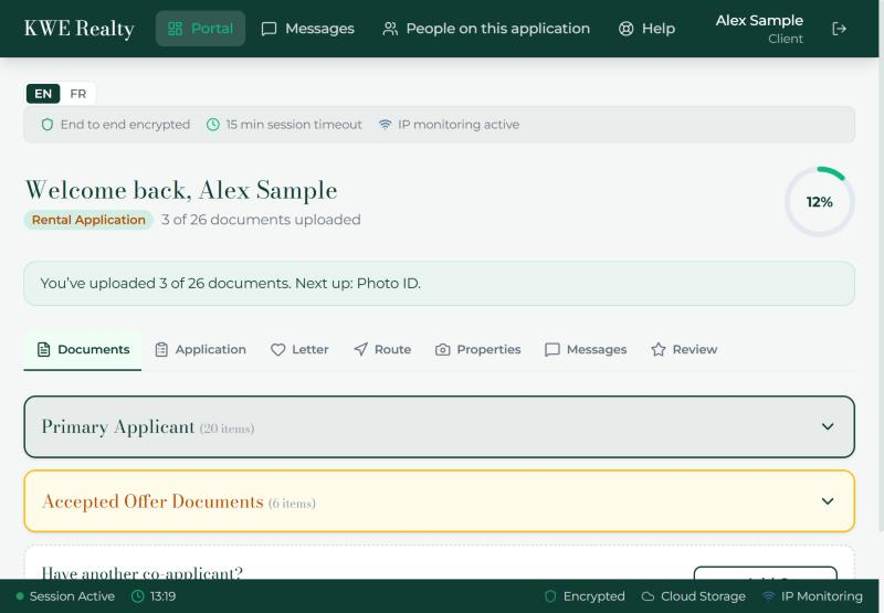 The renter’s first page after sign up: the welcome, the progress ring and the tab bar.