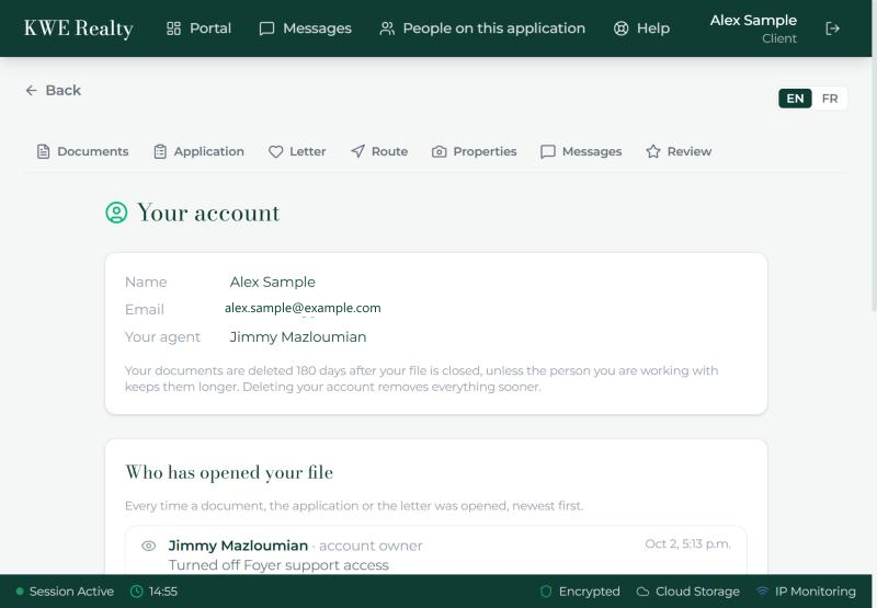 Your account page: name, email, your agent, the Text messages card, and the start of who has opened the file.